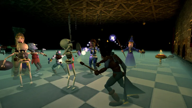 A party of heroes fights skeletons on a chequered crypt floor.