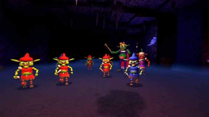 A goblin king with a sceptre and five goblins in a dark cave.