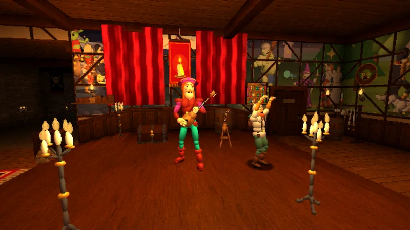 The wooden hall of an inn with red banners, candelabras and a bard with a lute.