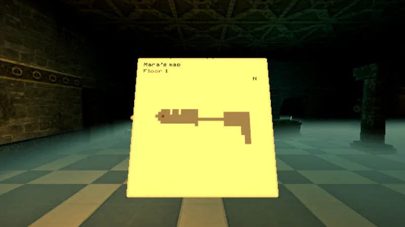 A yellow paper map in a crypt hall that shows part of one dungeon floor.