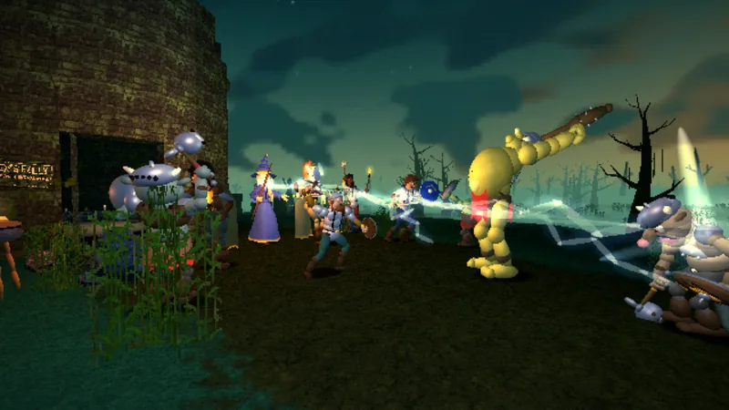 A party of heroes fights orcs and an ogre in a swamp beside a ruined tower.